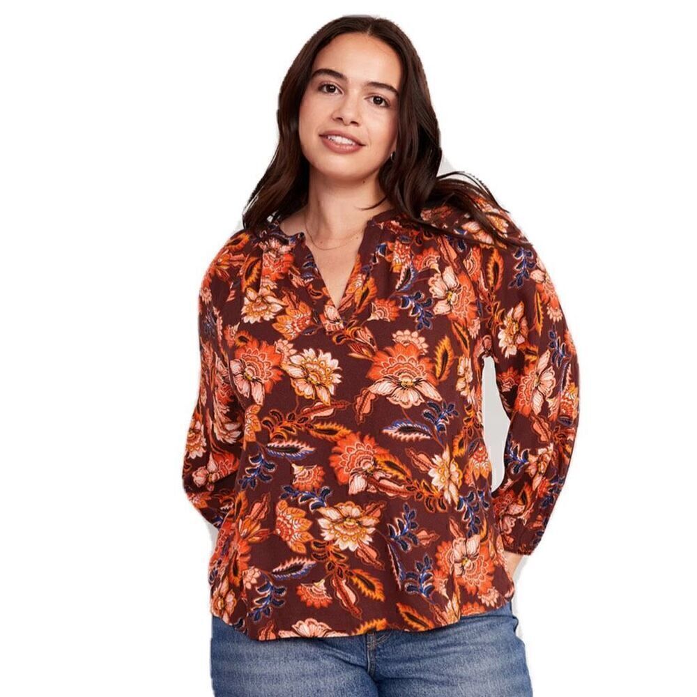 Old Navy 3X Orange Long-Sleeve Split-Neck Top Redwine Vinegar Boho Floral